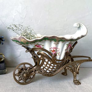 Gorgeous Vintage Large Wong Lee 1895 porcelain and bronze Style Carriage Centerpiece with floral design and lion claw feet