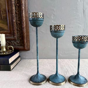 Beautiful Vintage Set of 3 Verdigris and Brass Style Decorative Graduated Pillar Candle Holders