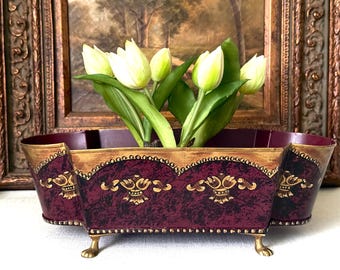 Vintage Italian Toleware Style Burgundy & Gold Decorative Leaf and Floral Design Planter w/ Lion Claw Feet