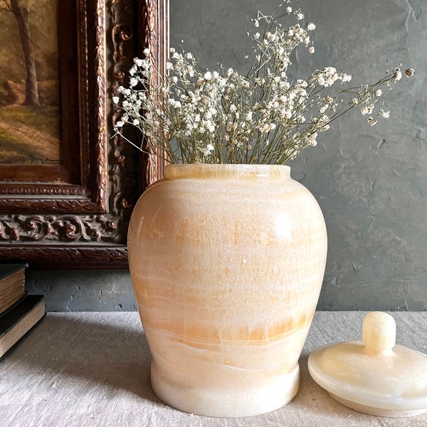 Beautiful Large 9” and Heavy Vintage Natural Stone Alabaster Lidded Dish