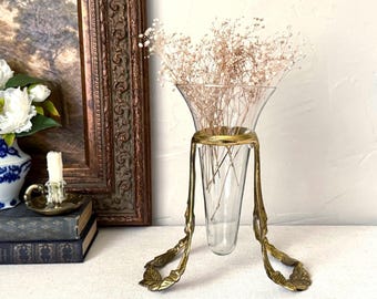 Vintage 11" Tall Decorative Bombay Brass & Glass Leaf Design Floating Vase