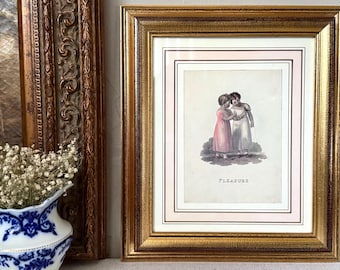 Vintage Victorian "Pleasure" Lithograph Print in Gold Frame