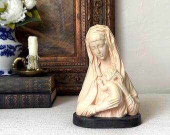 Vintage Italian A. Santini Carved Alabaster Religious Madonna and the Child Sculpture Bust