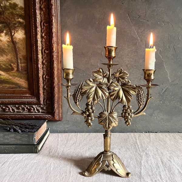 Gorgeous Vintage Ornate French Tole Style Brass Grape and Leaf design Candelabra