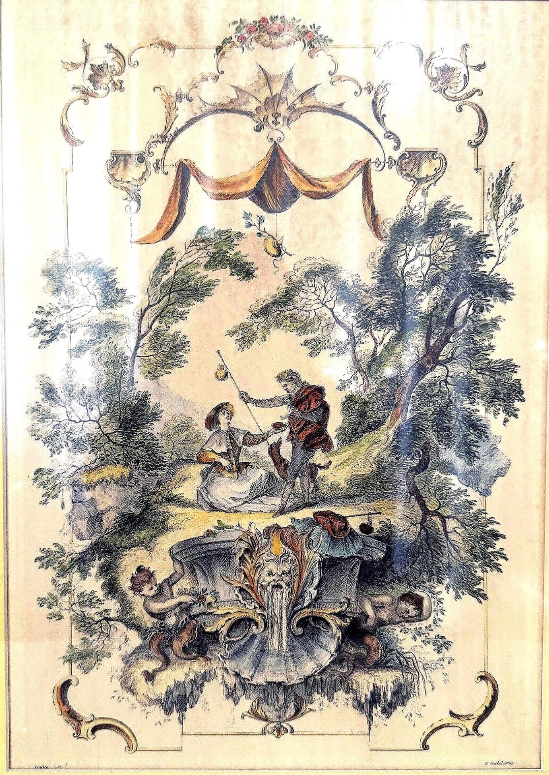 Wateau Back Rococo Vintage French Rococo Courting Couple Lithograph, Watteau Style, Gold ...