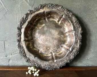 Vintage Large Circular 12” Ornate Victorian Floral Edge Silver Plate Tray