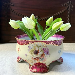 Beautiful Vintage Hand Painted French Shabby Chic Porcelain  Floral Cachepot - Planter
