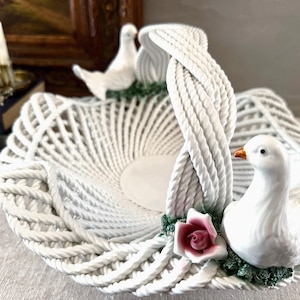 Gorgeous Vintage Italian Cottage Lattice Weave Basket w/ Doves and Rose Detailing
