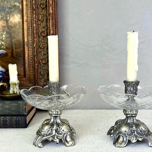 Vintage Pair of Silver Ornate Candlestick Holders w/ Cut Glass Design Drip Catcher