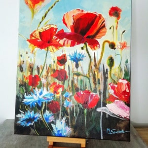 Original painting on canvas &quot;Under the poppies&quot;, acrylic 50x 40 cm, countryside landscape