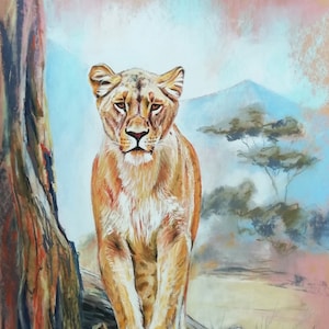 Original dry pastel on paper 30 x 40 cm (12 x 15.5 In), African landscape, lioness animal portrait in the savannah, unframed