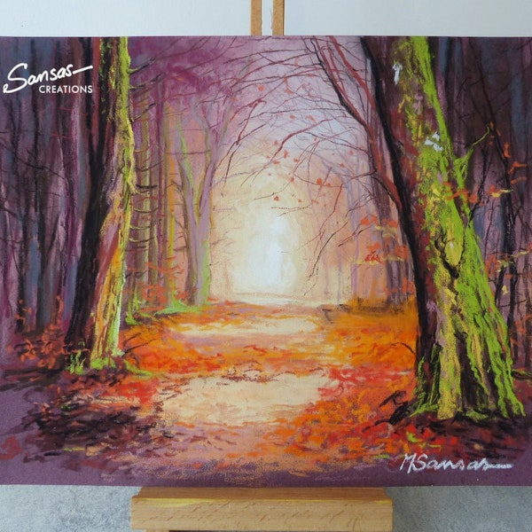 Pastel sec original sur papier 24 x 30 cm, paysage d'automne dans une forêt, non encadré, chemin, arbres et feuilles