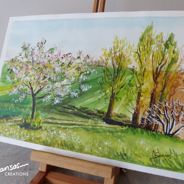 Aquarelle originale sur papier paysage du gers au printemps, campagne, région de France Occitanie, champs et fleurs, nature saison