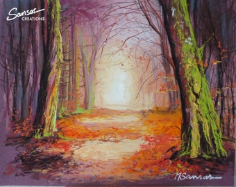 Original trockenes Pastell auf Papier 24 x 30 cm, Herbstlandschaft im Wald, ungerahmt, Weg, Bäume und Blätter