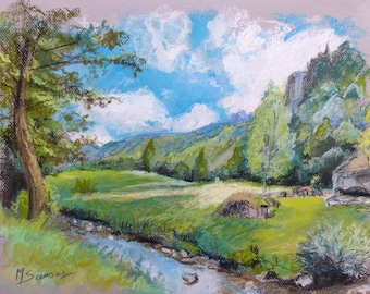 Pastel sec original sur papier 30 x 40 cm (12 x 15.5 In), paysage de France, montagne en Ariège, Les Pyrénées, saison été, non encadré