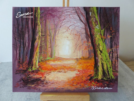 Pastel sec original sur papier 24 x 30 cm, paysage d'automne dans