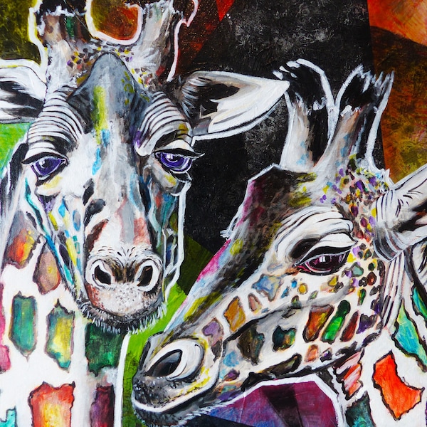 Peinture originale sur toile "Girafes psychédéliques", acrylique