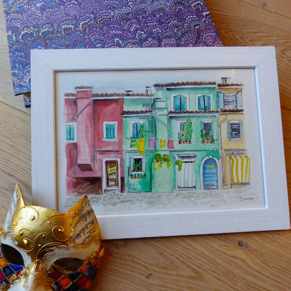 Aquarelle originale sur papier "Maisons colorées Burano, Italie", paysage d'Italie, carnet de voyage, vacances Venise, croquis, dessin