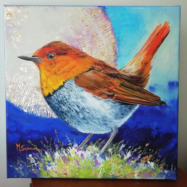 Peinture originale sur toile "Le rouge gorge", acrylique et dorure, tableau portrait animalier oiseau familier, jardin,campagne,format carré