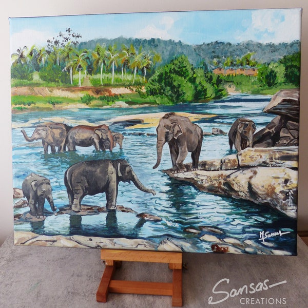 Peinture originale sur toile "Le Bain des éléphants", acrylique, paysage d'Asie, asiatique, peinture nature, animaux d'asie