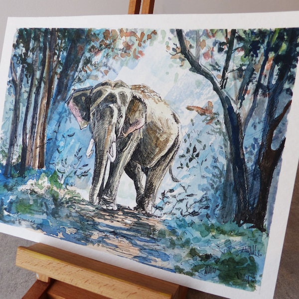 lot X2 Aquarelles originale sur papier éléphants d'asie, décors de nature sauvage, animaux protégés, Asie, forêt jungle