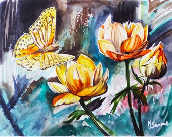 Original watercolor on paper "Butterfly and tulips", landscape painting of flowers