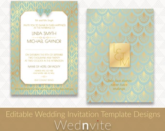 Art Deco Wedding Invitation and RSVP - Customizable wedding invitation - Wedding invite template - Save the date