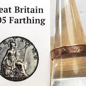 Great Britain 1905 Farthing Coin Ring Handmade Jewelry Vintage Antique England Currency Size 7 Gift For Him or Her
