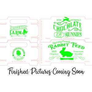 May include: A set of four white wooden signs with green text. The signs feature Easter egg farm, chocolate bunnies, and rabbit feed. The signs are perfect for a farmhouse or country-themed decor.