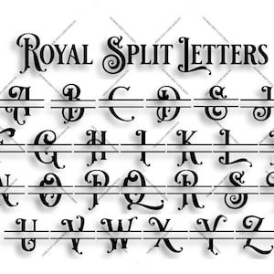 Könnte beinhalten: Ein Satz von Großbuchstaben in einer dekorativen Schriftart, jeder Buchstabe ist mit einer horizontalen Linie in zwei Hälften geteilt. Die Buchstaben sind schwarz und alphabetisch geordnet. Der Text "ROYAL SPLIT LETTERS" befindet sich oben im Bild.