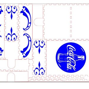 May include: A white and blue laser cut design for a Coca-Cola themed box. The design includes a Coca-Cola logo with a bottle, and several decorative flourishes.