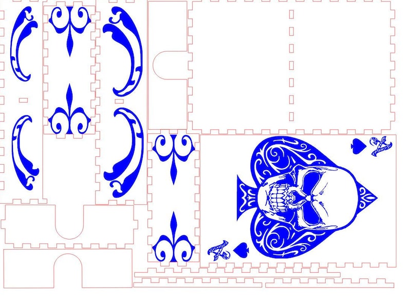 May include: A blue and white laser cut design of a skull inside a spade playing card. The design is intricate and detailed, with a skull face and a spade shape with swirls.