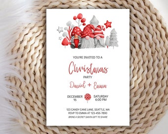 May include: A white Christmas party invitation with red text and illustrations. The invitation features gnome illustrations, the text "YOU'RE INVITED TO A Christmas PARTY Daniel + Emma", and event details.