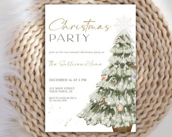 May include: A Christmas party invitation with gold text and a watercolor Christmas tree illustration. The invitation includes the text "Christmas Party" and event details. The design is on a white background.