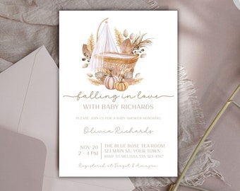 Falling in Love Baby Shower Editable Invitation, Fall Baby Shower Invite, Gender Neutral Baby Shower, Autumn Floral & Pumpkin Shower Invite