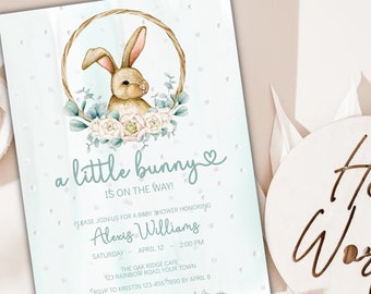 Invito per baby shower modificabile con coniglietto, invito per baby shower di genere neutro, un piccolo coniglietto per baby shower, modello di invito personalizzabile