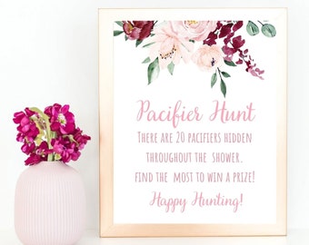 Floral Baby Shower Sign, Pacifier Hunt Game, Girl Baby Shower Games, Instant Download, Baby Shower Pacifier Hunt Sign Printable Baby