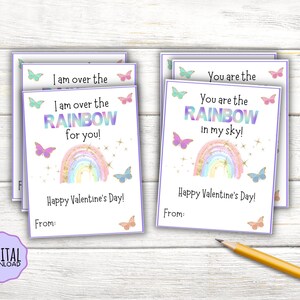 Tarjetas del Día de San Valentín Arco Iris, Tarjetas del Día de San Valentín para Niñas, Tarjetas de San Valentín de Aula de Mariposas para Niños, Etiquetas de San Valentín imprimibles