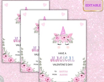 Może przedstawiać: Trzy drukowane kartki walentynkowe z jednorożcem w koronie kwiatowej i tekstem "Have a Magical Valentine's Day!" Kartki są edytowalne i można je spersonalizować nazwami.