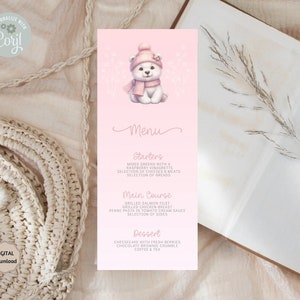 Editable Pink We Can Bearly Wait Baby Shower Menu Template, Winter Bear Baby Shower Menu Card, Pink Bear Menu Template, Printable Menu Card