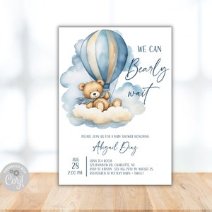 Blue We Can Bearly Wait Baby Shower Invitation, Hot Air Balloon Shower Invite, Customizable Invitation Template, Editable,  Bear & balloons