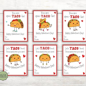 Taco Valentines para a escola, cartões de dia dos namorados Taco, cartões Taco Valentine para crianças, etiquetas para impressão de dia dos namorados
