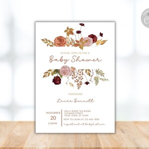 Fall Floral Baby Shower Invitation Printable, Editable Invitation Template, Autumn Baby Shower, Gender Neutral Baby shower, Floral pumpkin