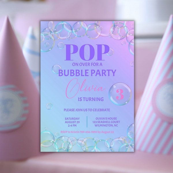 Bubbles Invitation, Bubble Party Invitation, Bubble Birthday Invite, Bubble Party, Pop Invitation, Pop on Over, Purple Aqua Ombre Invitation