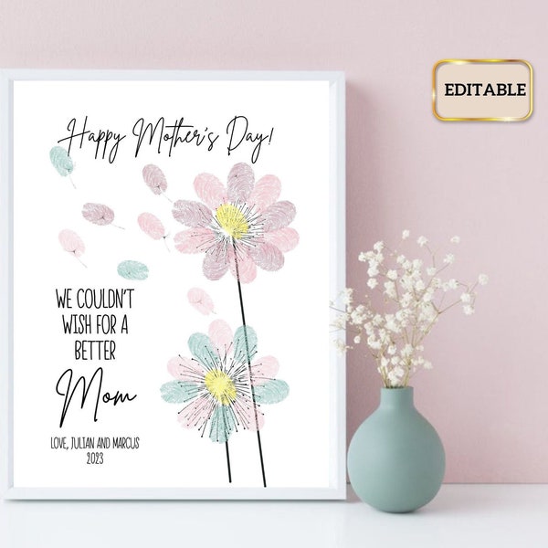 Editable Printable Dandelion Fingerprint Art / Keepsake Craft / Baby Toddler Child DIY Gift  / Happy Mother's Day/ Gift for Mom / DOWNLOAD