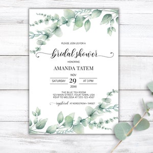 Plantilla de invitación de despedida de soltera editable, tarjeta de invitación de despedida de soltera o baby shower imprimible, vegetación de eucalipto, invitación personalizable