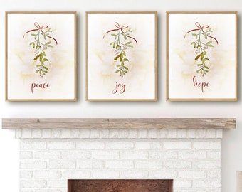 Mistletoe Christmas Print Set, Joy Hope Peace, Watercolor Vintage Art (Digital Download)