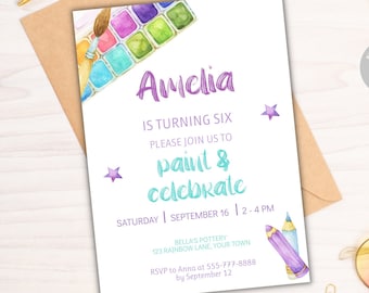 Invitación a la fiesta de cumpleaños de pintura de arte, invitación a la fiesta de pintura, tema de cumpleaños de la fiesta de pintura, pintura de invitación de cumpleaños de niña, descarga digital
