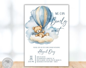Blue We Can Bearly Wait Baby Shower Invitation, Hot Air Balloon Shower Invite, Customizable Invitation Template, Editable,  Bear & balloons