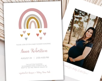 Editable Boho Rainbow Baby Shower Invitation, Rainbow & hearts Baby Shower Invite, Invitation, Digital Download